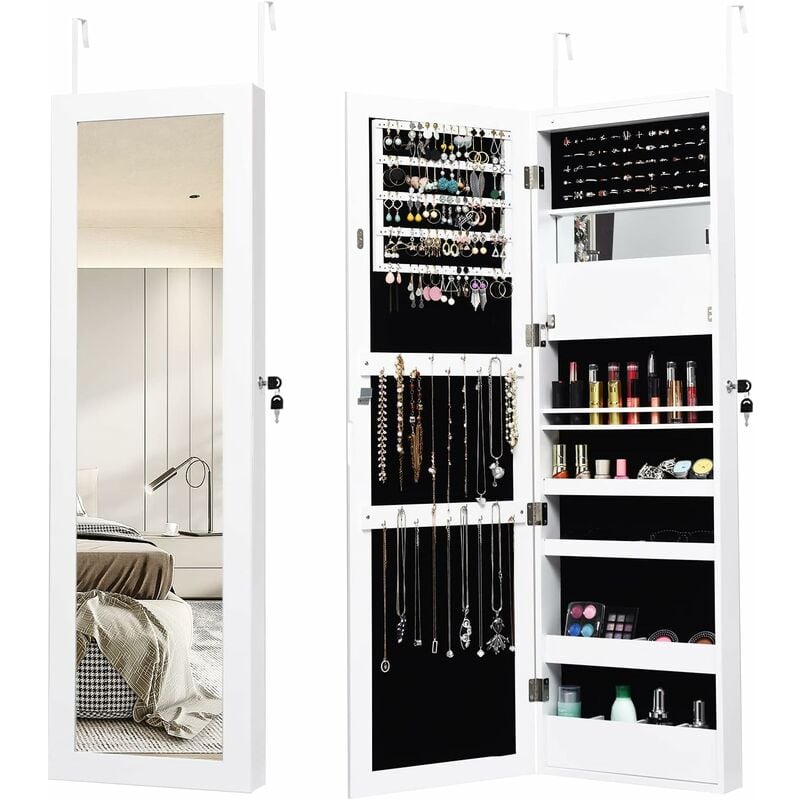 foto del prodotto costway specchio portagioie con 12 led, armadietto portagioie con specchio a figura intera, specchietto interno e serratura, organizer per gioielli