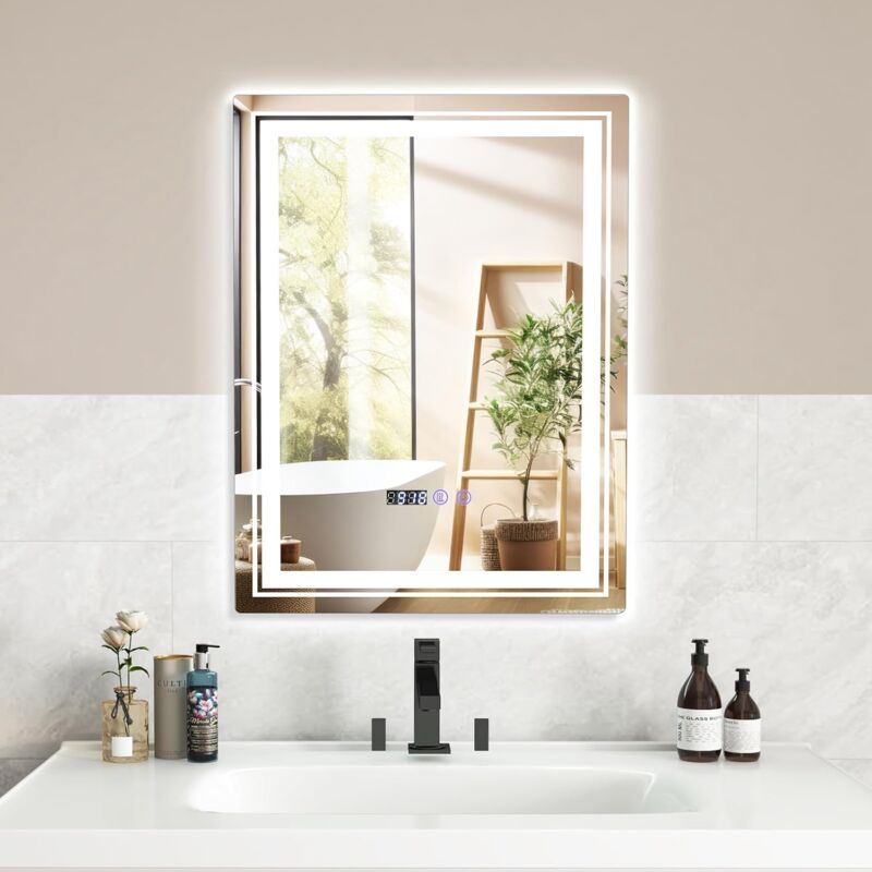 foto del prodotto costway specchio rettangolare da bagno, specchio da parete con led 3 colori, funzione di memoria anti appannamento, specchio cosmetico per bagno