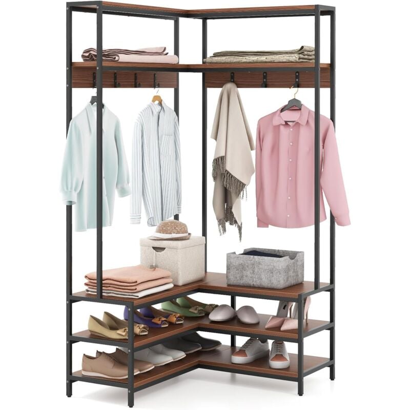 foto del prodotto costway stand appendiabiti angolare, appendiabiti a forma l con ripiani aperti 7 ganci e panca per scarpe, struttura in metallo e piedini