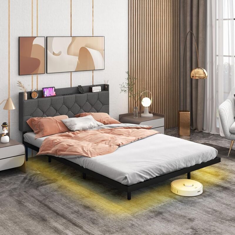 foto del prodotto costway struttura letto matrimoniale con luci led, letto a piattaforma con testiera imbottita regolabile e stazione di ricarica, letto moderno in