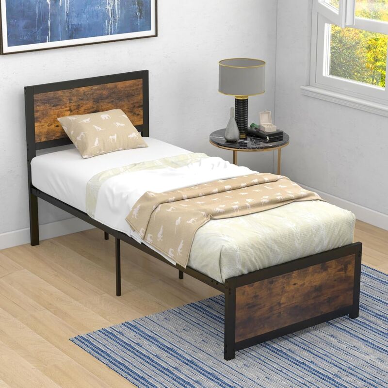 foto del prodotto costway struttura letto singolo, telaio letto in metallo con testiera alta, doghe in metallo e barre silenziose, letto a piattaforma industriale,