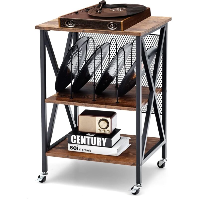 foto del prodotto costway supporto per giradischi, supporto per giradischi in vinile con struttura in acciaio e ruote bloccabili, 3 livelli, per soggiorno, camera da