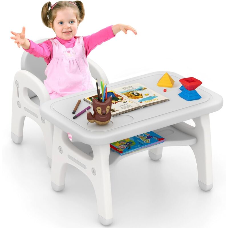 foto del prodotto costway table et chaise enfant en hdpe en forme dinosaure avec 3 blocs de construction, table enfant d activit s avec dossier si ge large,