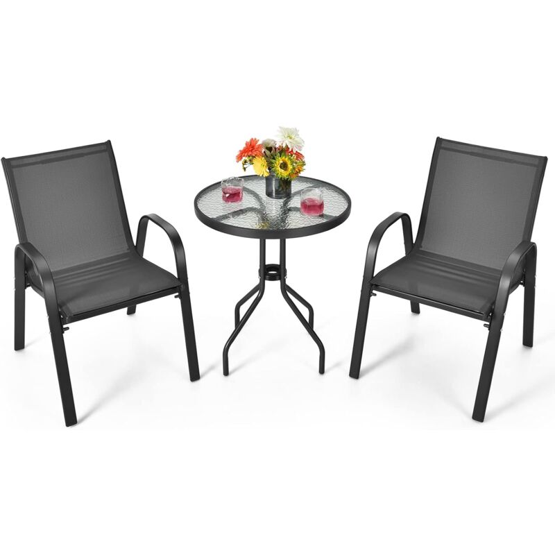 foto del prodotto costway tavoli con 2 sedie da giardino in acciaio antiruggine e tessutto traspirante, set di mobili da esterno con tavolino rotondo in vetro e