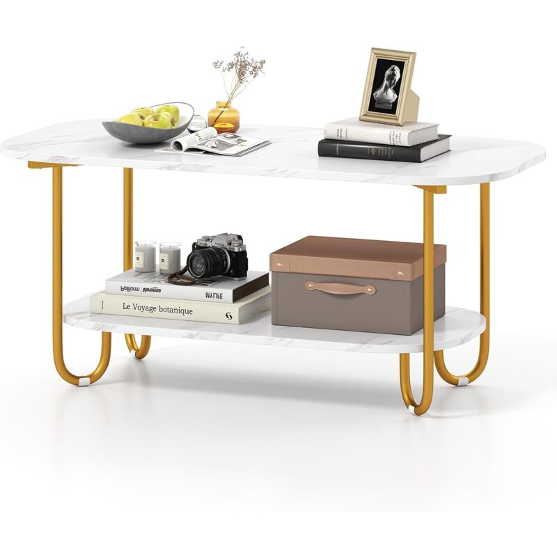 foto del prodotto costway tavolino da caff per salotto a 2 livelli, tavolino basso rettangolo con piano effetto marmo, tavolino da divano moderno per soggiorno,100