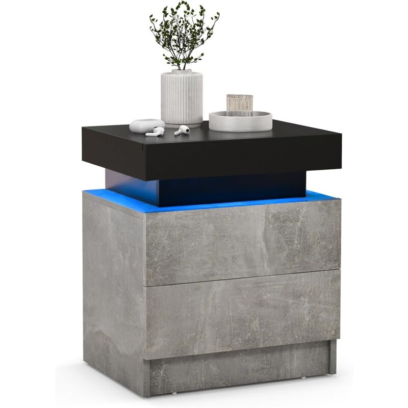 foto del prodotto costway tavolino da divano con 2 cassetti e luci a led, tavolino moderno con finitura lucida effetto marmo, tavolino laterale per soggiorno e