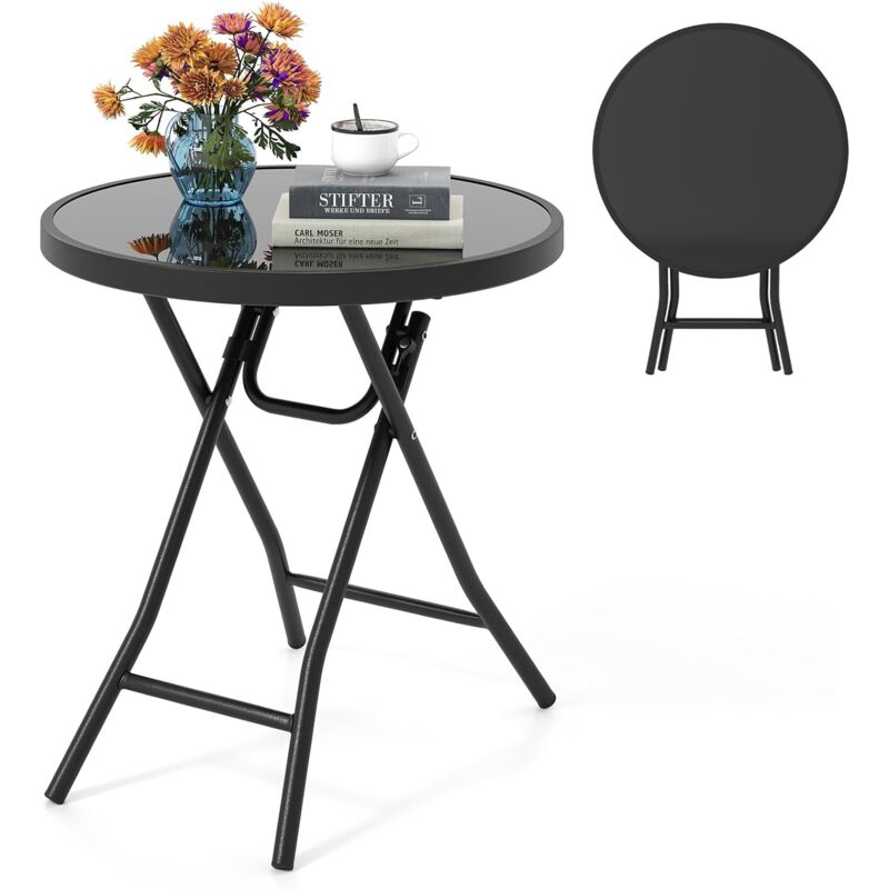 foto del prodotto costway tavolino da giardino pieghevole da 46 cm, tavolino rotondo compatto da patio, con piano in vetro temperato e struttura in metallo, tavolino
