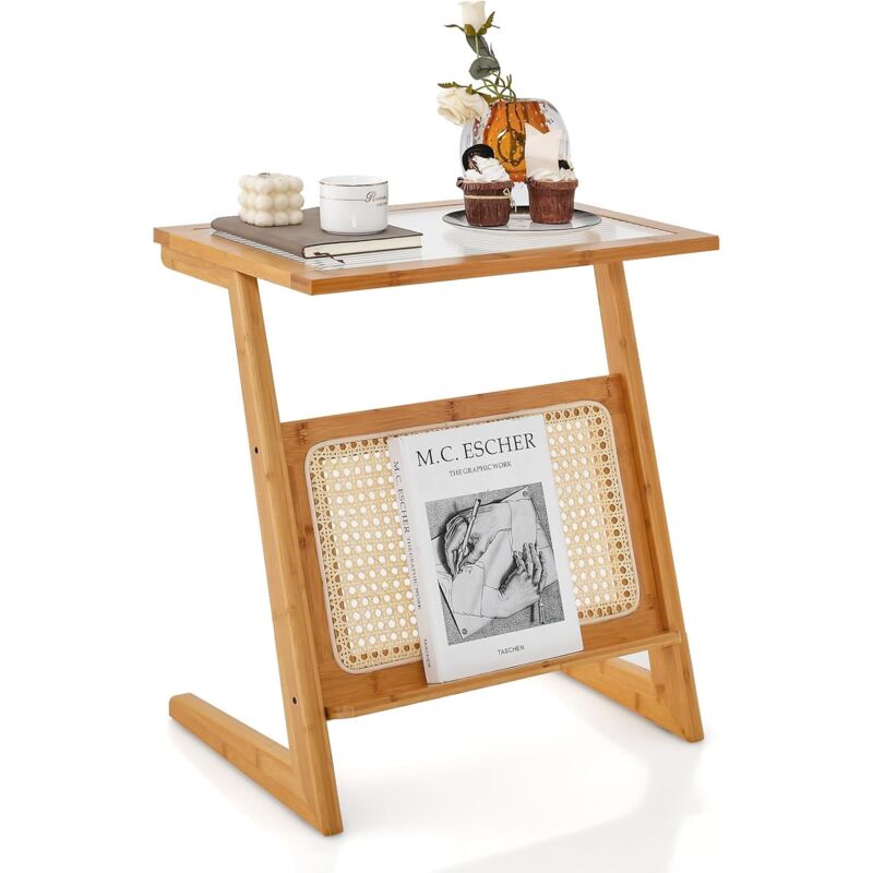 foto del prodotto costway tavolino da salotto in bamb , tavolino basso con portariviste in rattan e piano in vetro, tavolino multiuso e compatto in stile bohemien
