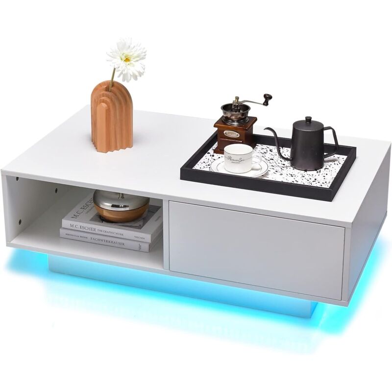foto del prodotto costway tavolino da salotto in legno, tavolino moderno e rettangolare con 20 colori di luci a led, telecomando, porta usb, cassetto e ripiano
