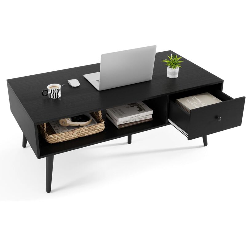 foto del prodotto costway tavolino da salotto rettangolare design moderno, tavolino da caff con cassetto e mensola inferiore, tavolino basso da divano con gambe in