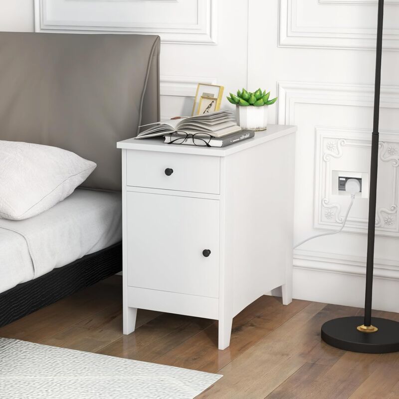foto del prodotto costway tavolino laterale con stazione di ricarica, tavolino con porte usb e prese, cassetto, armadietto di stoccaggio e porta riviste, comodino