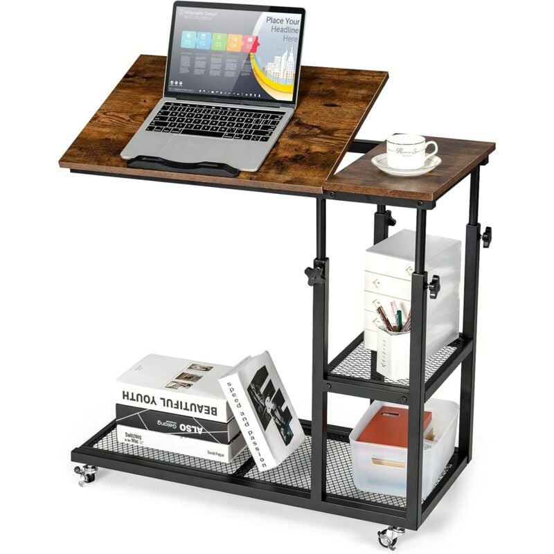 foto del prodotto costway tavolino porta pc regolabile in altezza e inclinazione, tavolo laterale per letto e divano con ruote, tavolino in legno e metallo per