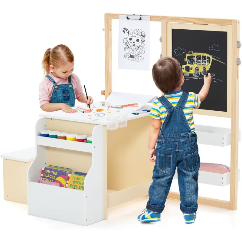 foto del prodotto costway tavolo bambini con sedie 3 in 1, set tavolo e sedie per bambini in legno 114 x 81 x 100cm con lavagna cancellabile e regolabile, libreria,