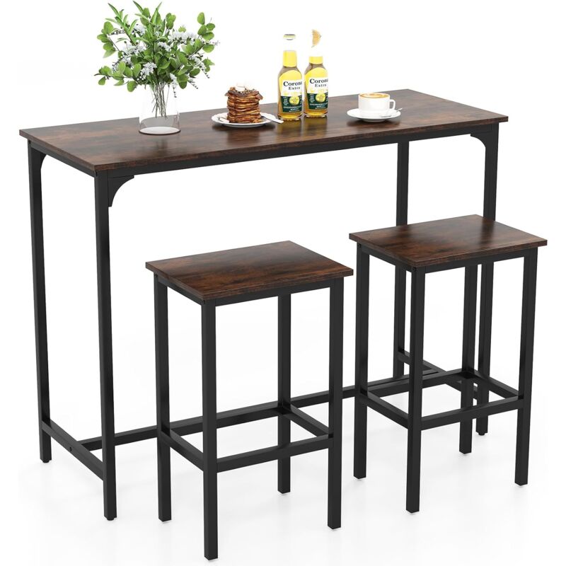 foto del prodotto costway tavolo con 2 sgabelli in metallo e legno, set da pranzo 3 pezzi, tavolo rettangolare da cucina con 2 sedie per sala da pranzo, appartamento