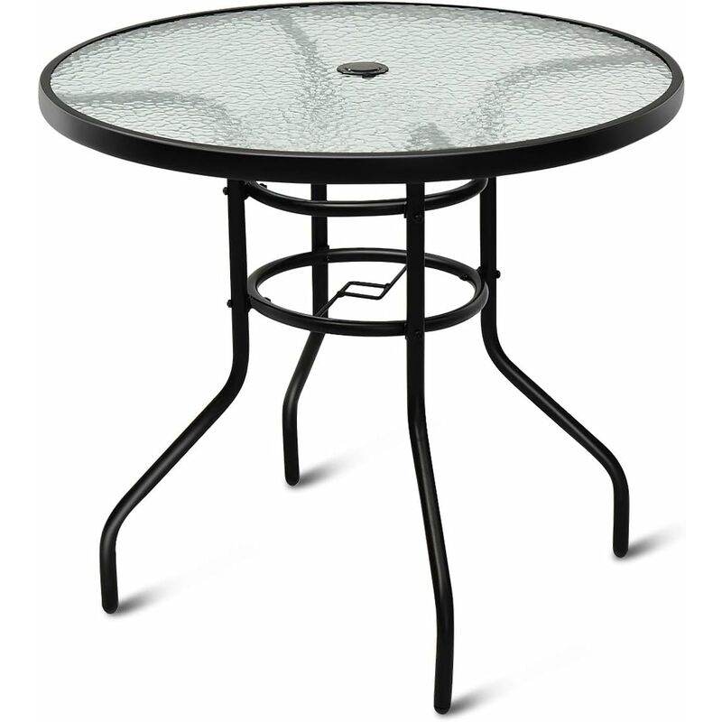foto del prodotto costway tavolo da giardino rotondo con foro per ombrellone, tavolino da esterno in metallo e vetro, 81x81x71cm, per cortile giardino balcone