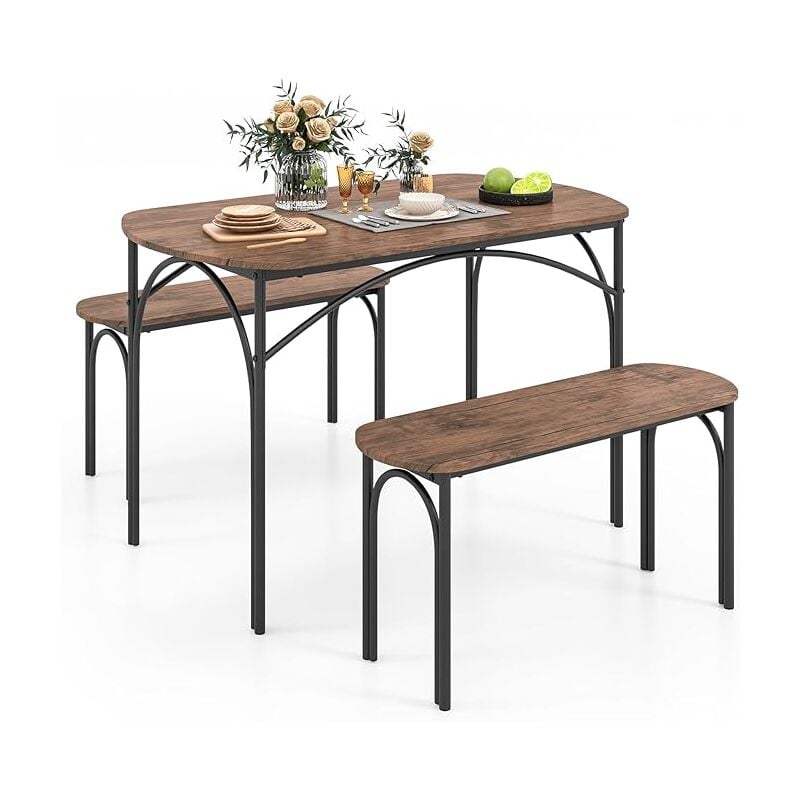 foto del prodotto costway tavolo da pranzo con 2 panche, set di tavolo e panca in legno e metallo per 4 persone, set mobile salvaspazio e moderno da cucina, sala da