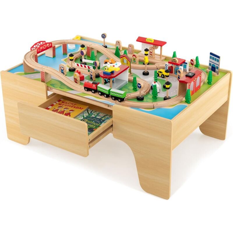 foto del prodotto costway tavolo e set di trenini in legno, tavolo reversibile e staccabile e binari in legno massiccio, set da gioco creativo 84 80 pezzi, per