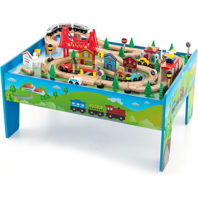 foto del prodotto costway tavolo e set di trenini in legno, tavolo reversibile e staccabile e binari in legno massiccio, set da gioco creativo 84 80 pezzi, per