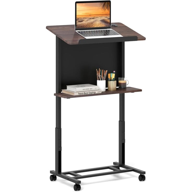 foto del prodotto costway tavolo podio pieghevole con ruote, 103 125 cm altezza regolabile con piano inclinato e fermaglio, pulpito mobile con ripiano per riporre