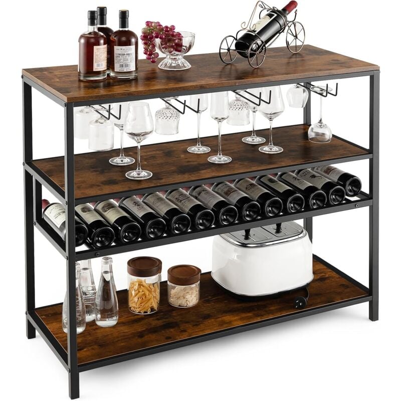 foto del prodotto costway tavolo portabottiglie, mobile bar industriale con portabottiglie, scaffale per bottiglie di vino con ampio ripiano superiore e aperto, per