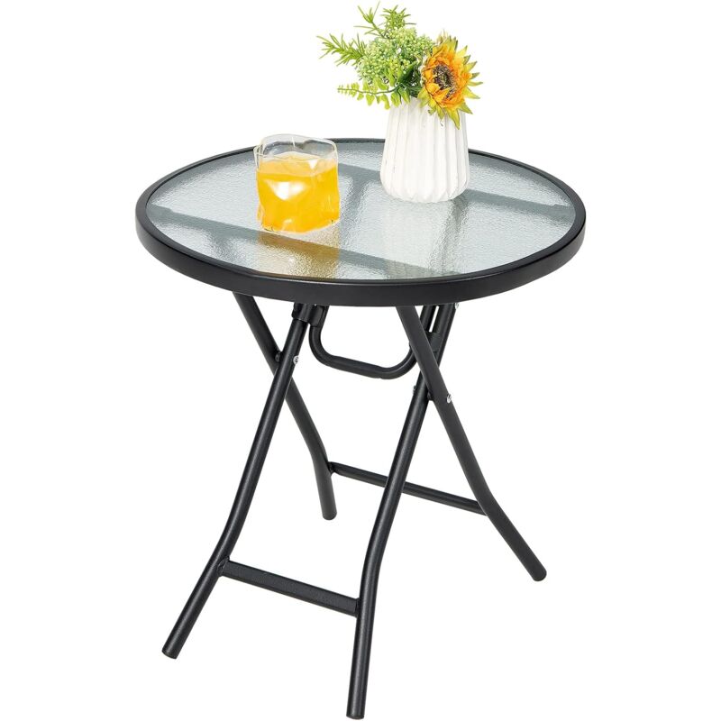 foto del prodotto costway tavolo rotondo da giardino, tavolino pieghevole e portatile con telaio antiruggine con superficie in vetro, tavolo da esterno per cortile,