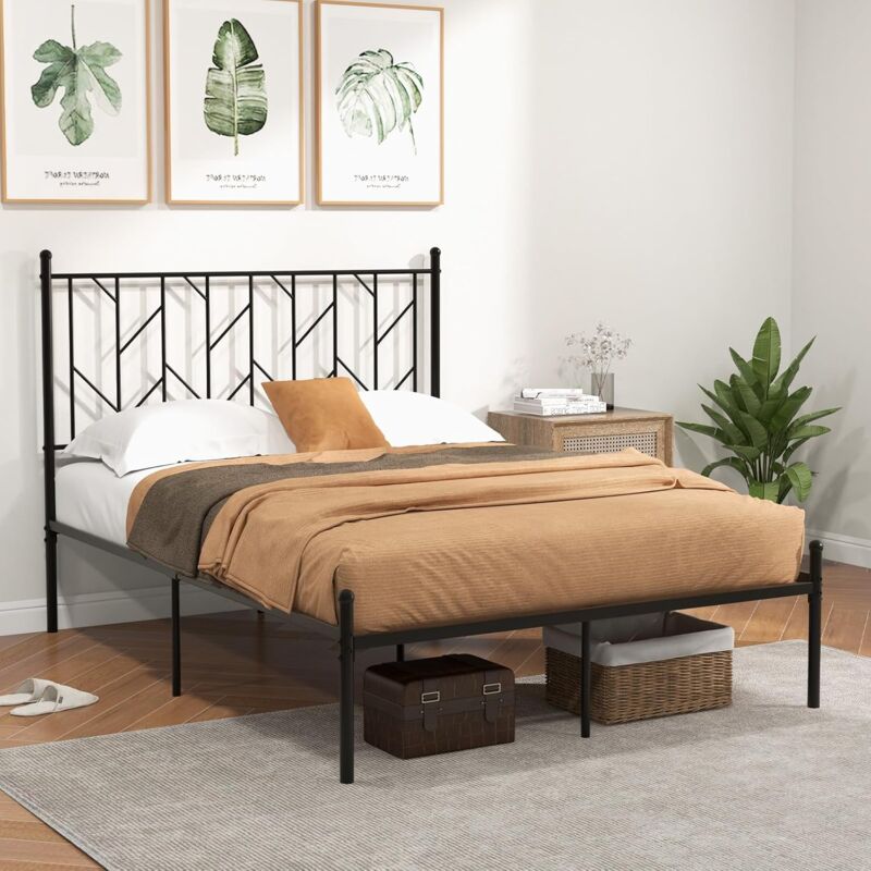 foto del prodotto costway telaio da letto in metallo, 190x140 cm, struttura letto con testiera fondamenta per materasso senza rumore, carico massimo 360kg nero 