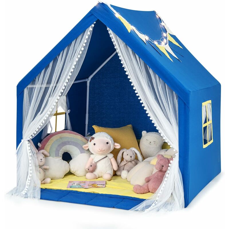 foto del prodotto costway tenda da gioco per bambini, casetta per bambini con tappeto in cotone lavabile luci stellari e finestre, tenda del castello, 122x105x125 cm
