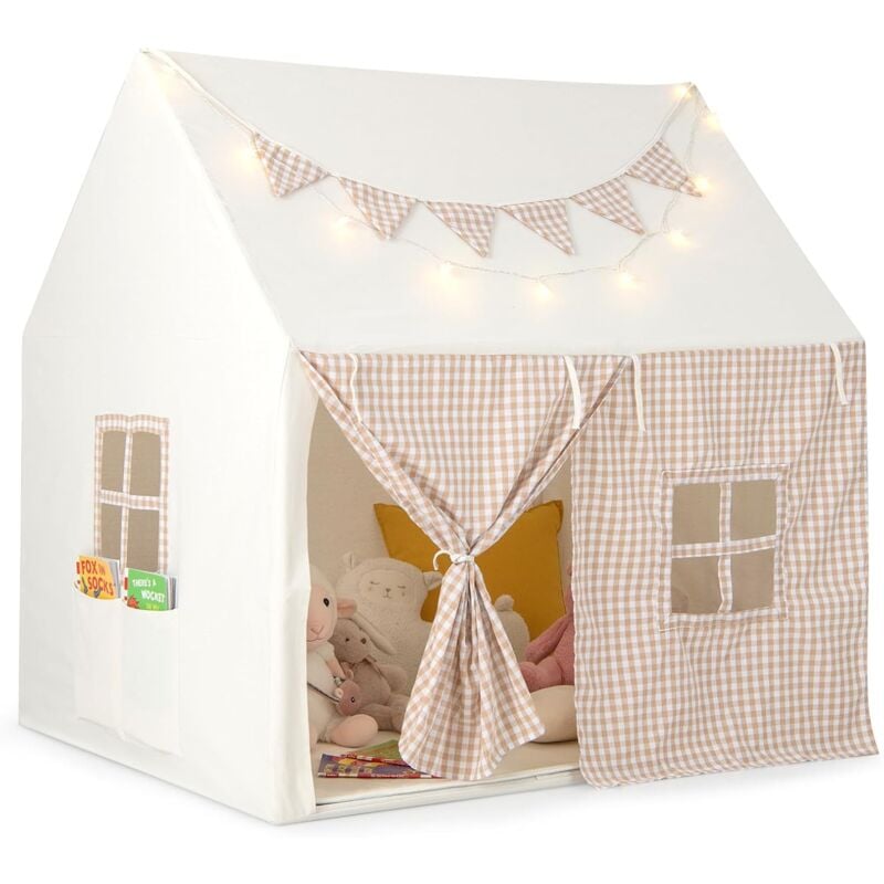 foto del prodotto costway tenda da gioco per bambini, casetta tenda da gioco con tappetino imbottito, 2 finestre traspiranti e 2 tasche, luci a stella e bandierine