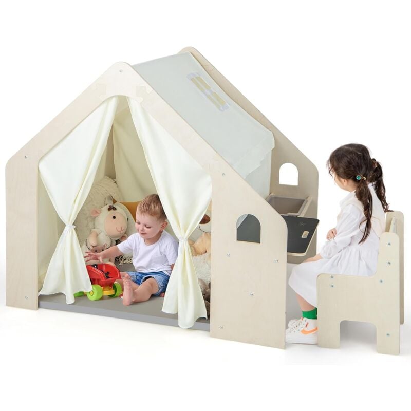 foto del prodotto costway tenda da gioco per bambini in legno con tappetino, 6 in 1 capanna per bambini rimovibile per interni, casetta tenda per bambini, regalo di