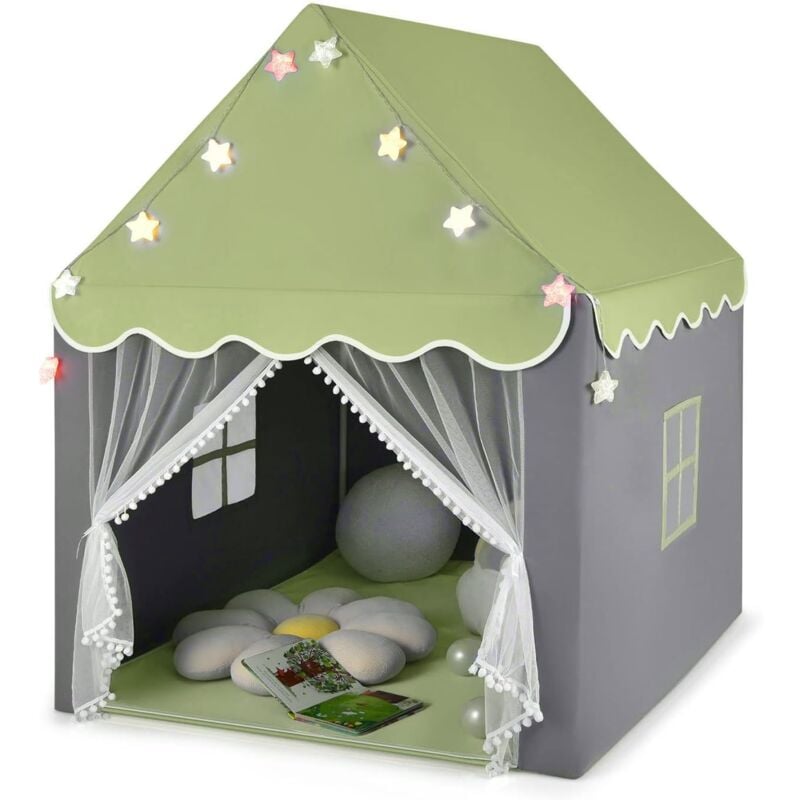 foto del prodotto costway tenda da gioco per bambini, tenda castello con tappetino lavabile, luci a forma di stella, per interno ed esterno, 105 x 121 x 136 cm