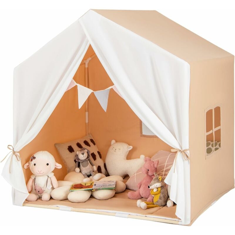 foto del prodotto costway tenda da gioco per bambini, tenda per bambini con finestre tappetino lavabile in cotone e bandiera, castello da gioco per bambini 3 anni 