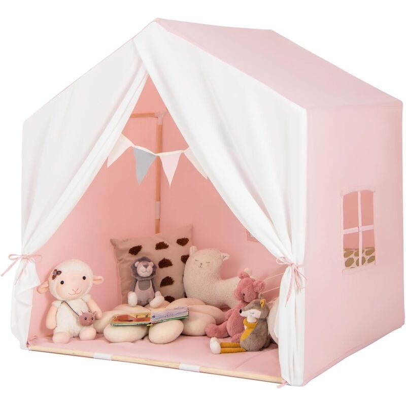 foto del prodotto costway tenda da gioco per bambini, tenda per bambini con finestre tappetino lavabile in cotone e bandiera, castello da gioco per bambini 3 anni 