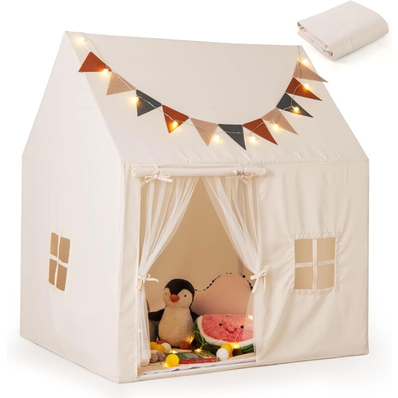 foto del prodotto costway tenda per bambini con luci fatate e bandierine, tenda casetta da gioco con porta e 2 finestre, tenda gioco con tappetino imbottito, per