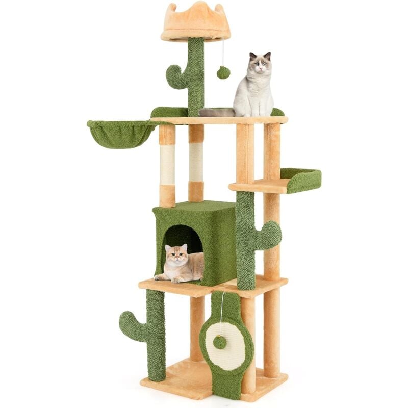 foto del prodotto costway tiragraffi 160cm, albero per gatti con pali per graffi in sisal, posti a sedere imbottiti, giochi appesi e cuccia, torre per animali