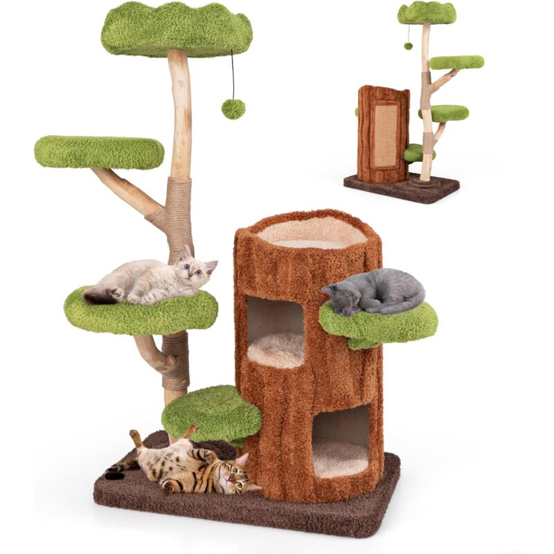foto del prodotto costway tiragraffi a forma di albero per gatti 141cm, albero per animali domestici con 2 piani, pali per graffiare, pannello in sisal, trespolo
