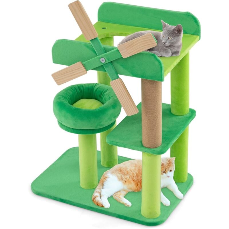 foto del prodotto costway tiragraffi a forma di mulino a vento, albero per gatti con lettino, imbottitura rotonda e piattaforma superiore con paratie anticaduta,