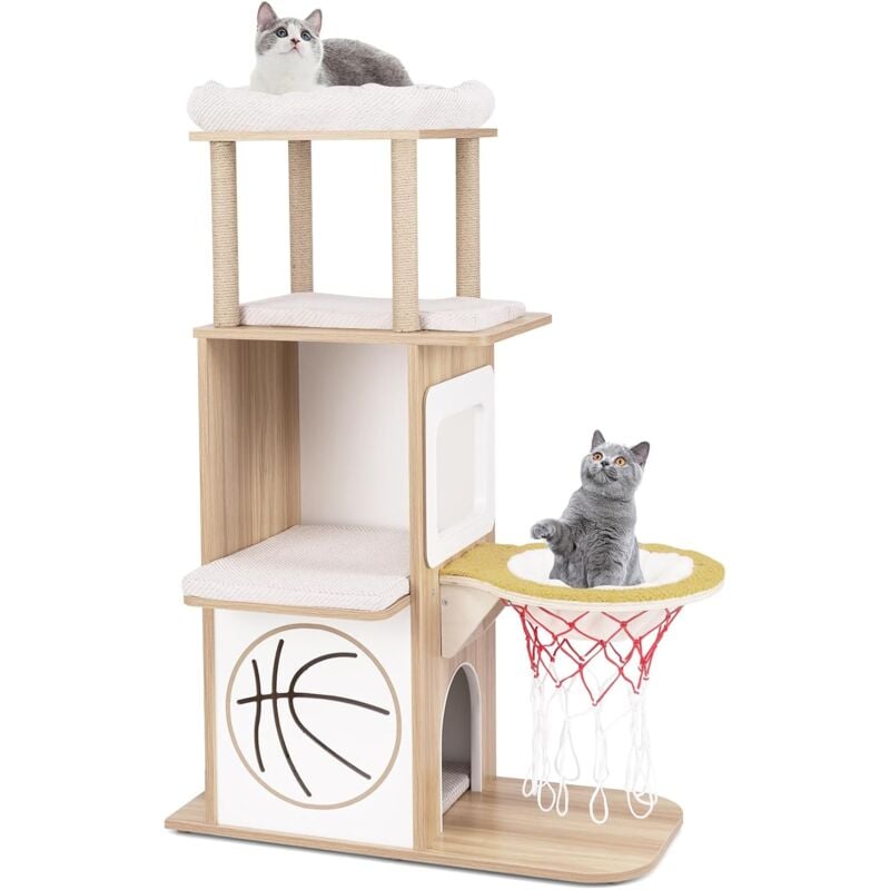 foto del prodotto costway tiragraffi in legno 120cm, torre con graffiare in sisal per gatti a tema sportivo con 2 piani, 2 posatoi, amaca e cuscini imbottiti, mobile