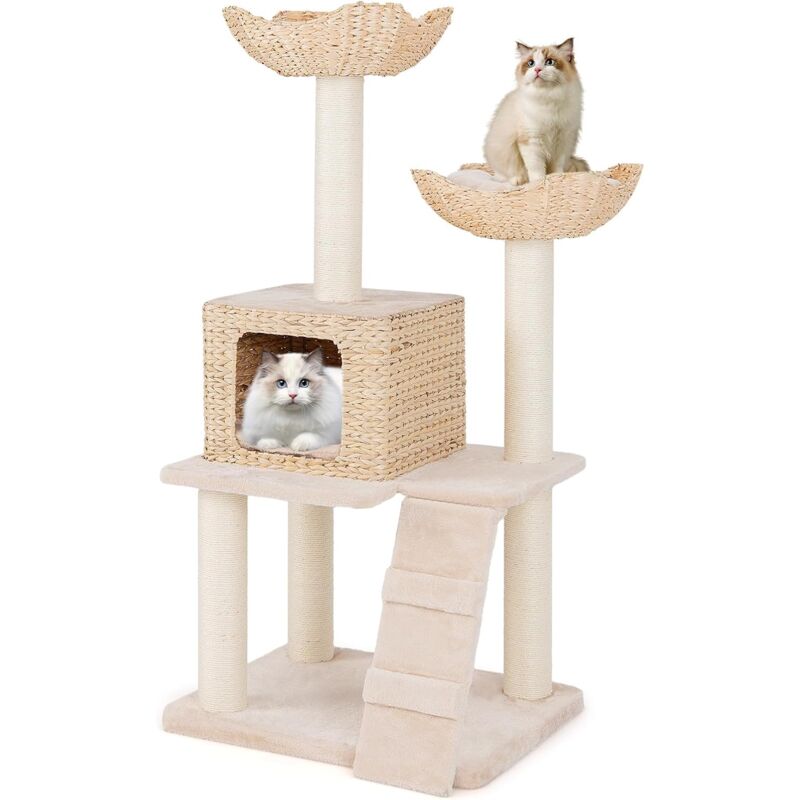 foto del prodotto costway tiragraffi per gatti 122cm, albero per gatti con posti per graffiare in sisal, cuccia in velluto a coste, scala e cuscini lavabili, torre