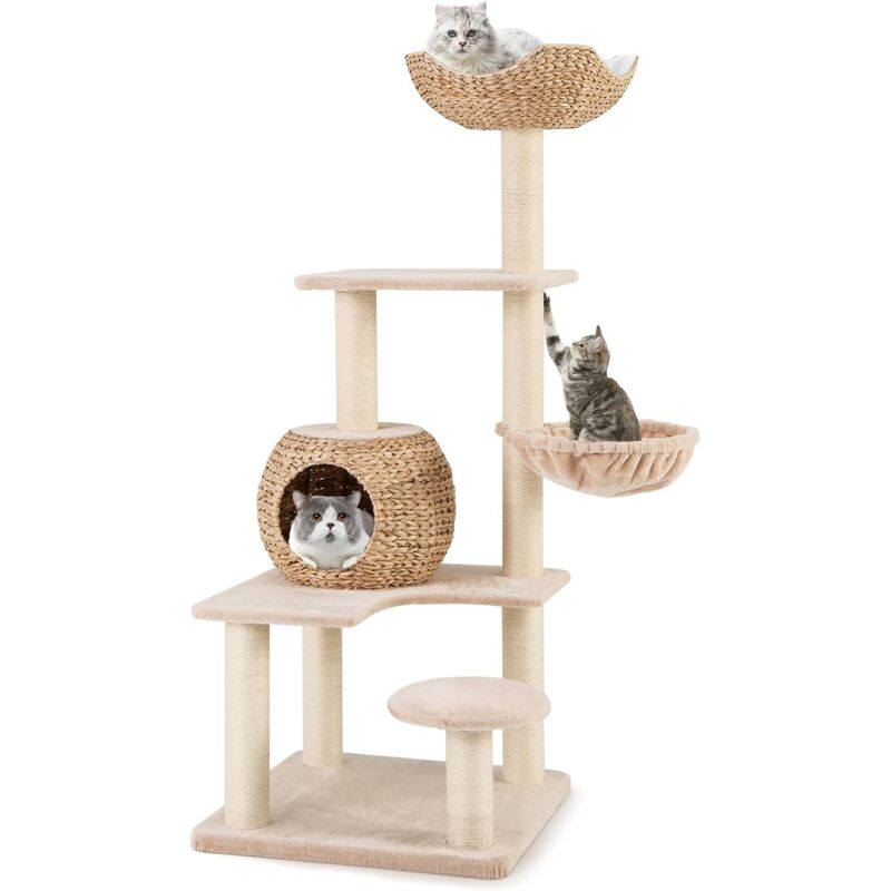 foto del prodotto costway tiragraffi per gatti 150cm, albero per animali domestici con cuscini lavabili, amaca morbida, condo in cattail, perch e graffiare in sisal,