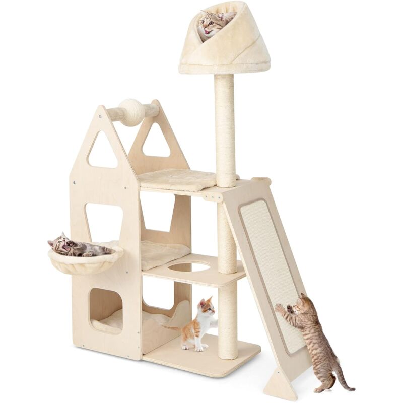 foto del prodotto costway tiragraffi per gatti 162 cm, tiragraffi per gatti grandi, con rampa in sisal, lettino, postazione per arrampicarsi con trespolo in peluche,