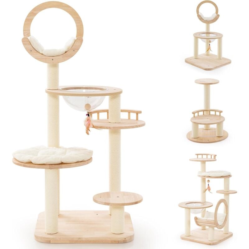 foto del prodotto costway tiragraffi per gatti 4 in 1, albero per gatti in legno di quercia a blocchi con capsula spaziale, tiragraffi in sisal, piattaforma