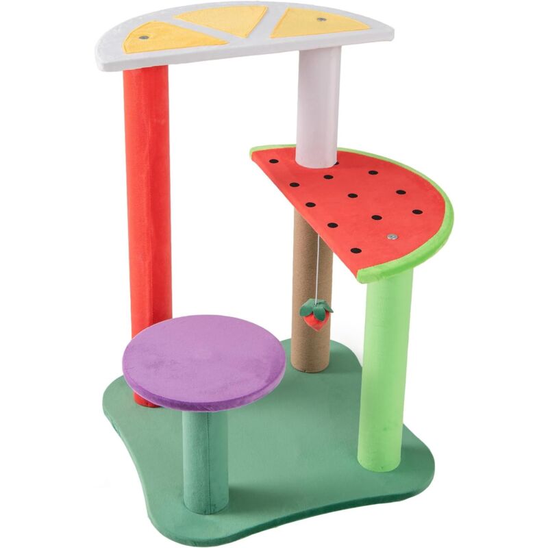 foto del prodotto costway tiragraffi per gatti a forma di frutta, albero moderno per animali domestici multilivello con piattaforme, palla di fragola pendente e