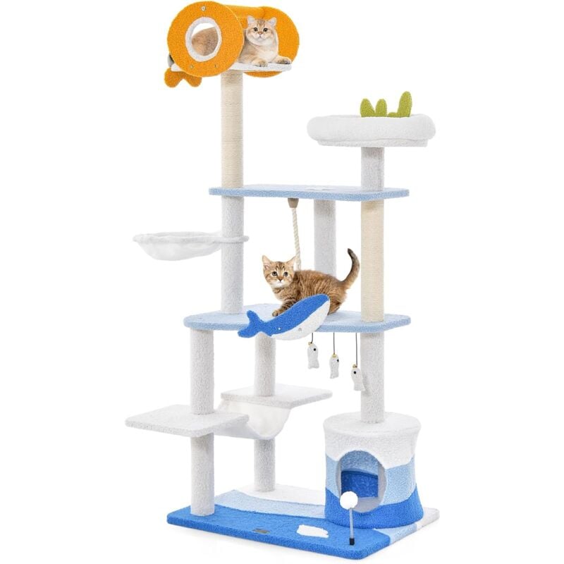 foto del prodotto costway tiragraffi per gatti a tema oceanico, torre per gatti con pali tiragraffi rivestiti di sisal, nicchia, posatoio, amaca, piattaforme,