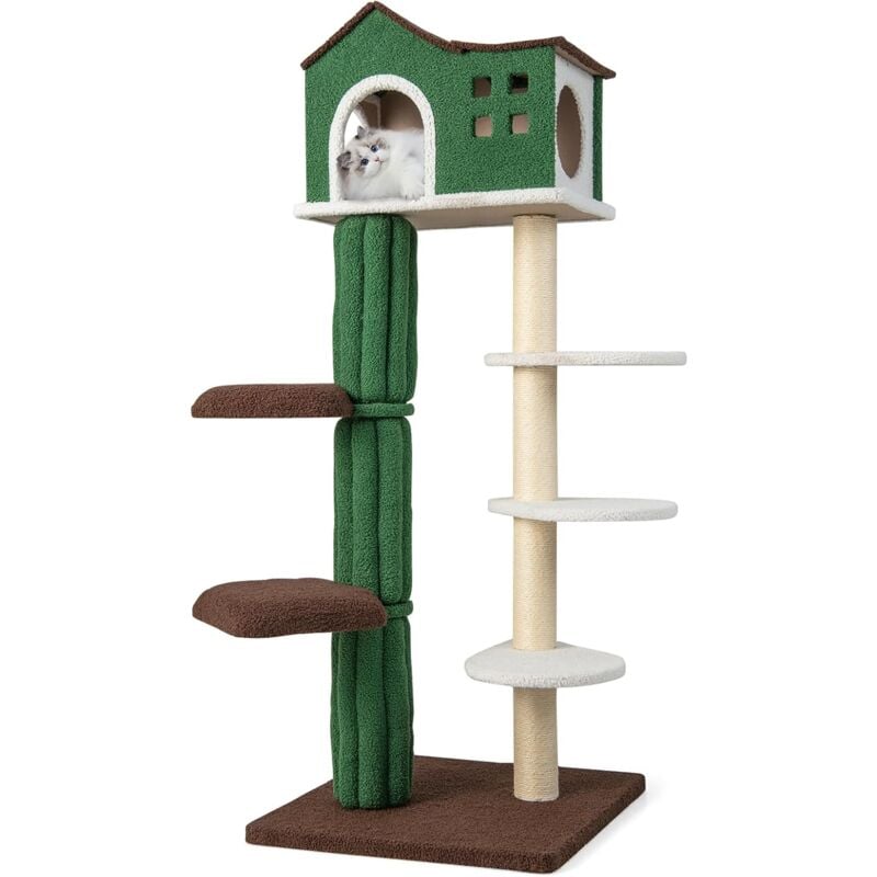 foto del prodotto costway tiragraffi per gatti alto 153 cm, albero tiragraffi con cuccia, tiragraffi rivestito in sisal, 5 piattaforme e dispositivo