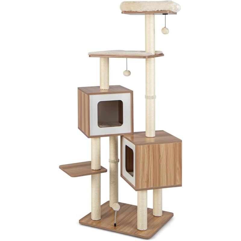 foto del prodotto costway tiragraffi per gatti di legno 163 cm, con tiragraffi in sisal, cuscini lavabili, trespolo, 3 palline e 2 cuccia, albero tiragraffi per