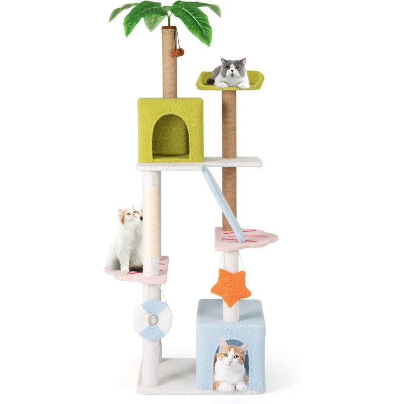 foto del prodotto costway tiragraffi per gatto alto 180 cm stile tropicale, albero tiragraffi gatti con pali con corda in juta, piattaforme, 2 grotte e pompon, torre