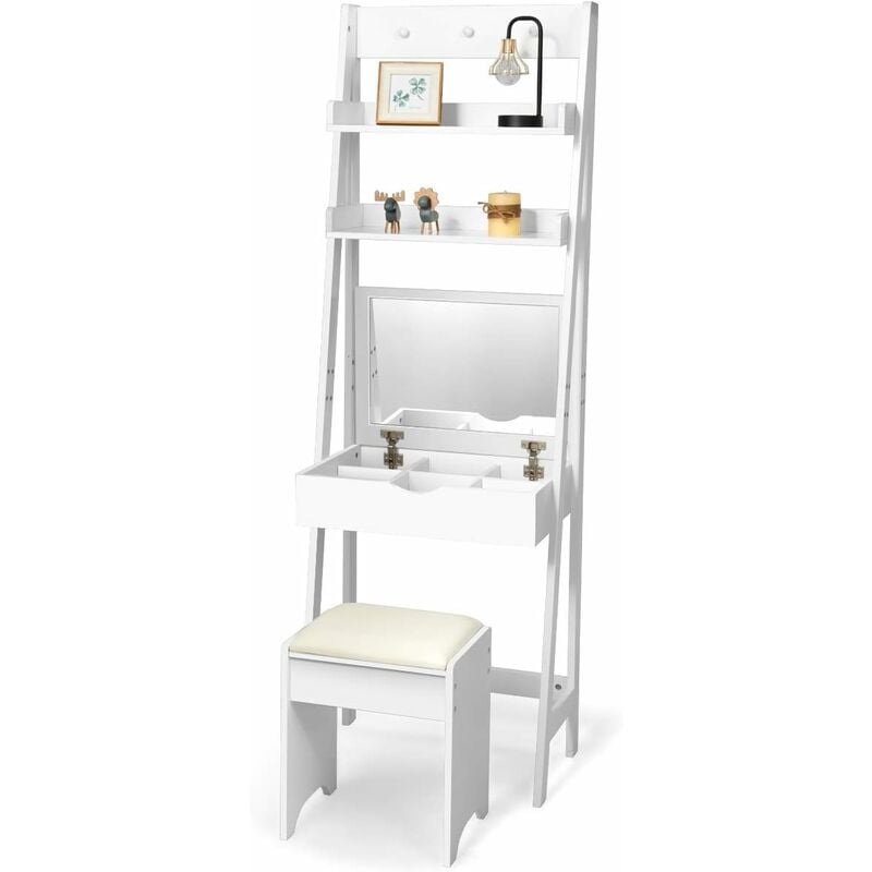 foto del prodotto costway toeletta con specchio richiudibile, toilette trucco con sgabello per camera, mobile trucco organizer per cosmetici, 6 organizer rimovibili,