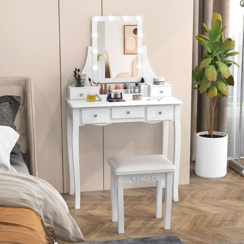 foto del prodotto costway toeletta da trucco con 10 luci led, tavolo da trucco con specchio ruotabile, 3 modalit di colore, luminosit regolabile, 5 cassetti e