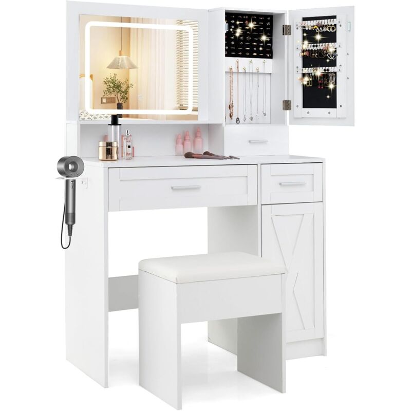 foto del prodotto costway toeletta da trucco con specchio a luci, set tavolo da trucco con sgabello e stazione di ricarica, luci led a 3 colori, 2 cassetti e ripiani