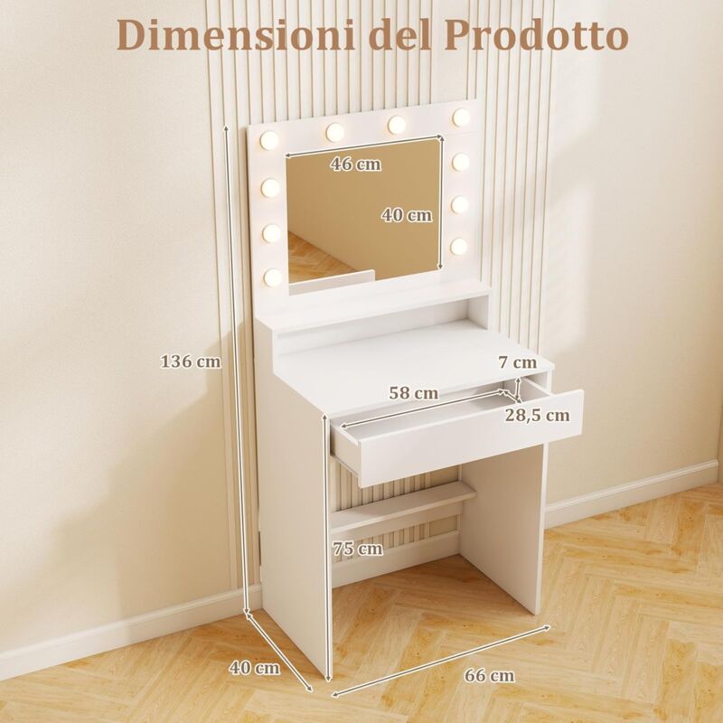 foto del prodotto costway toeletta da trucco con specchio e luci, tavolo da trucco con 3 modalit di illuminazione e luminosit regolabile, tavolo da toeletta